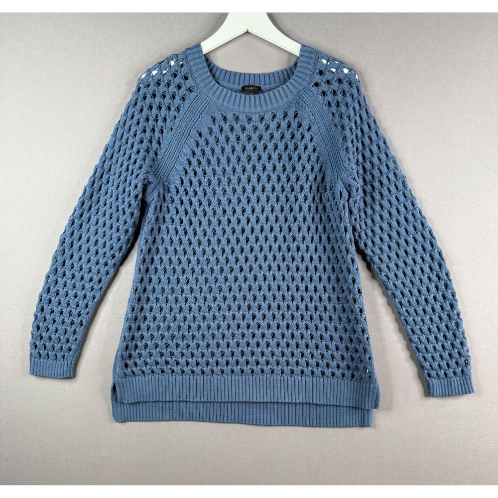 Talbots Open Knit Sweater Womens Large Blue Long Sleeve Cotton Blend Raglan